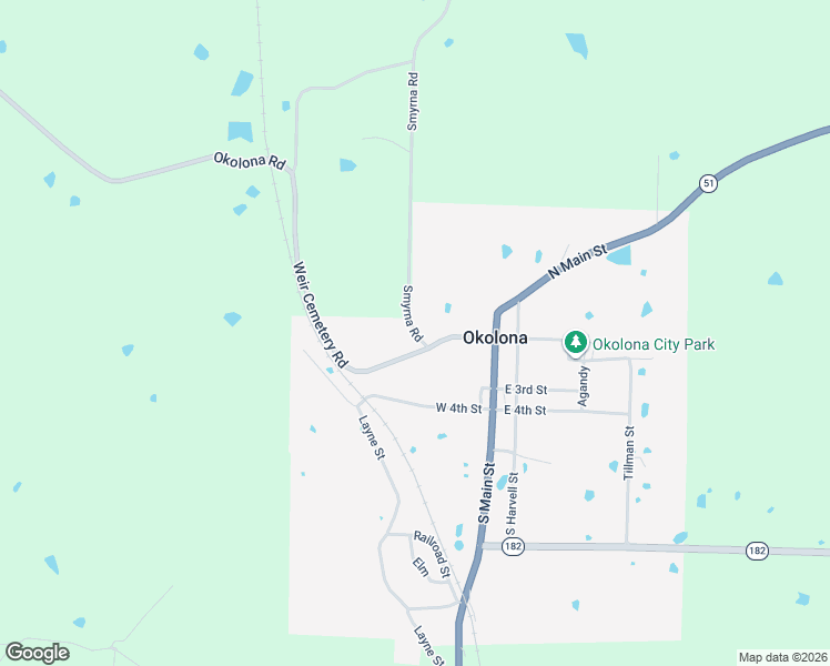map of restaurants, bars, coffee shops, grocery stores, and more near County Road 16 in Okolona