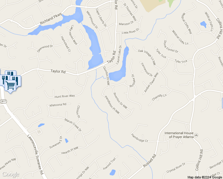 map of restaurants, bars, coffee shops, grocery stores, and more near 2395 Pendleton Place Northwest in Suwanee