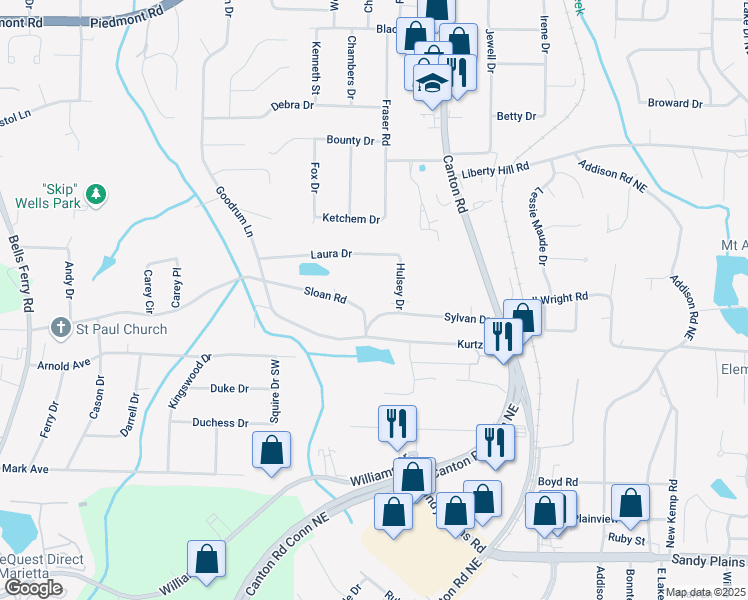 map of restaurants, bars, coffee shops, grocery stores, and more near 703 Sylvan Drive in Marietta