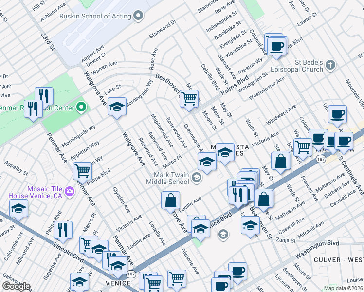 map of restaurants, bars, coffee shops, grocery stores, and more near 3556 Maplewood Avenue in Los Angeles