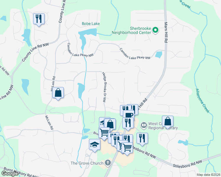 map of restaurants, bars, coffee shops, grocery stores, and more near 1901 Flat Creek Court Northwest in Acworth