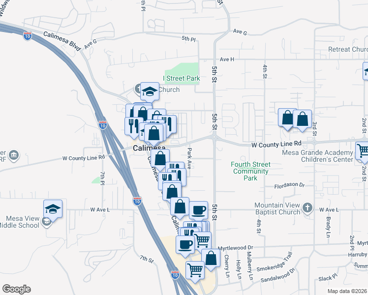 map of restaurants, bars, coffee shops, grocery stores, and more near 906 Park Avenue in Calimesa