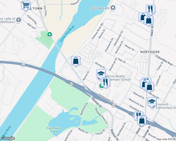 map of restaurants, bars, coffee shops, grocery stores, and more near 1887 Rivera Street in Riverside