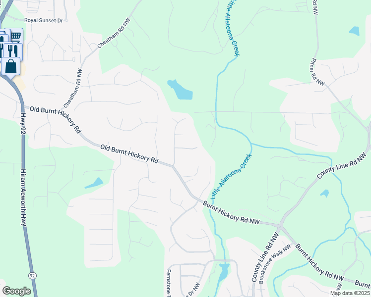 map of restaurants, bars, coffee shops, grocery stores, and more near 6371 Seymour Place Northwest in Acworth