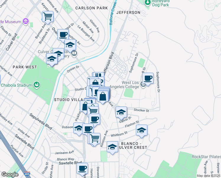 map of restaurants, bars, coffee shops, grocery stores, and more near 4826 Maytime Lane in Culver City