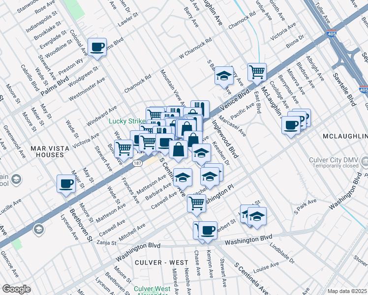 map of restaurants, bars, coffee shops, grocery stores, and more near 12218 Pacific Avenue in Los Angeles