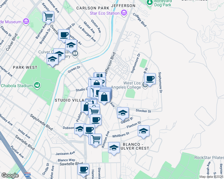 map of restaurants, bars, coffee shops, grocery stores, and more near 4826 Maytime Lane in Culver City