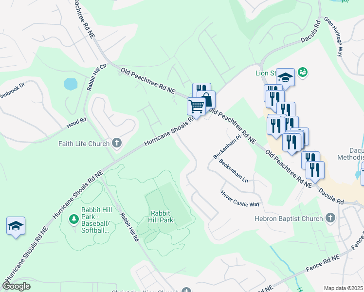 map of restaurants, bars, coffee shops, grocery stores, and more near 750 Beckenham Walk Drive in Dacula