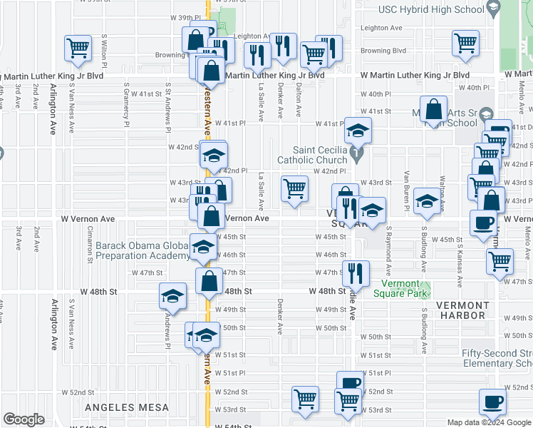 map of restaurants, bars, coffee shops, grocery stores, and more near 1555 West Vernon Avenue in Los Angeles