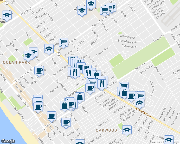 map of restaurants, bars, coffee shops, grocery stores, and more near 925 Marine Street in Santa Monica