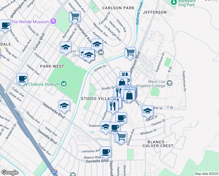 map of restaurants, bars, coffee shops, grocery stores, and more near 10825 Pickford Way in Culver City