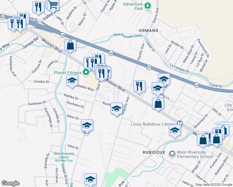 map of restaurants, bars, coffee shops, grocery stores, and more near 6154 Mission Boulevard in Riverside