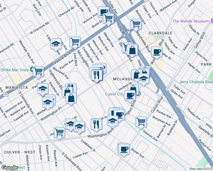 map of restaurants, bars, coffee shops, grocery stores, and more near 4038 McLaughlin Avenue in Los Angeles