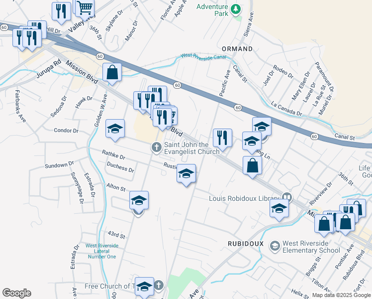 map of restaurants, bars, coffee shops, grocery stores, and more near 6154 Mission Boulevard in Riverside