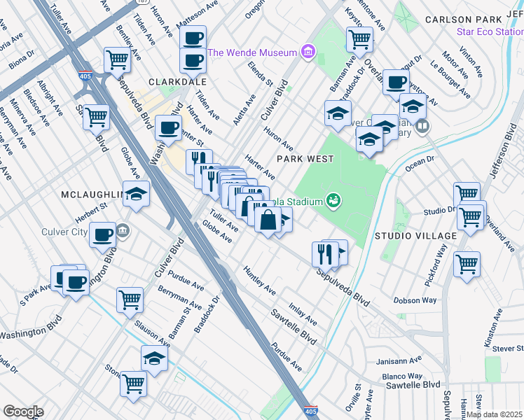 map of restaurants, bars, coffee shops, grocery stores, and more near 4410 Sepulveda Boulevard in Culver City