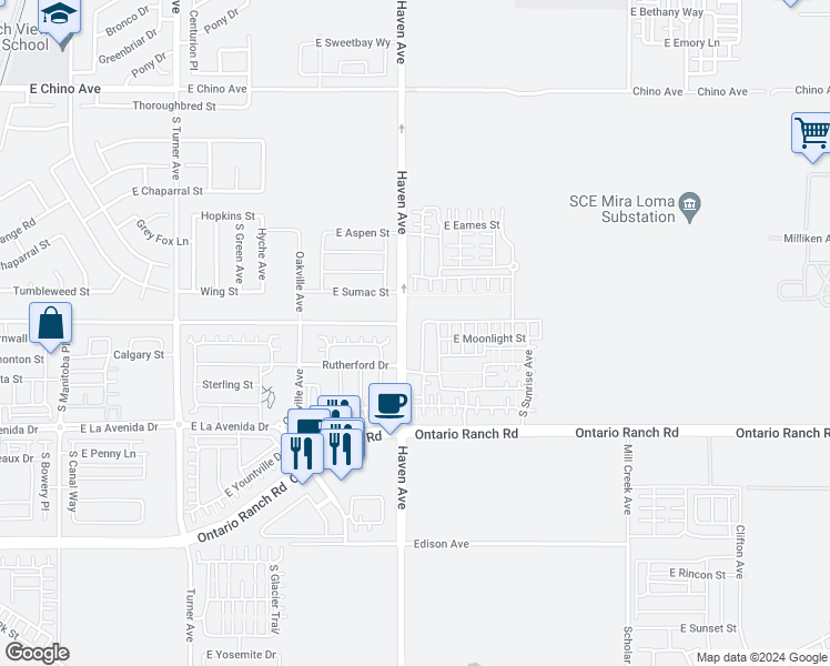 map of restaurants, bars, coffee shops, grocery stores, and more near in Ontario