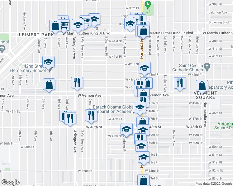 map of restaurants, bars, coffee shops, grocery stores, and more near 1829 West Vernon Avenue in Los Angeles