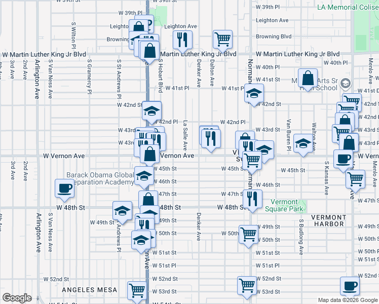 map of restaurants, bars, coffee shops, grocery stores, and more near 1555 West Vernon Avenue in Los Angeles