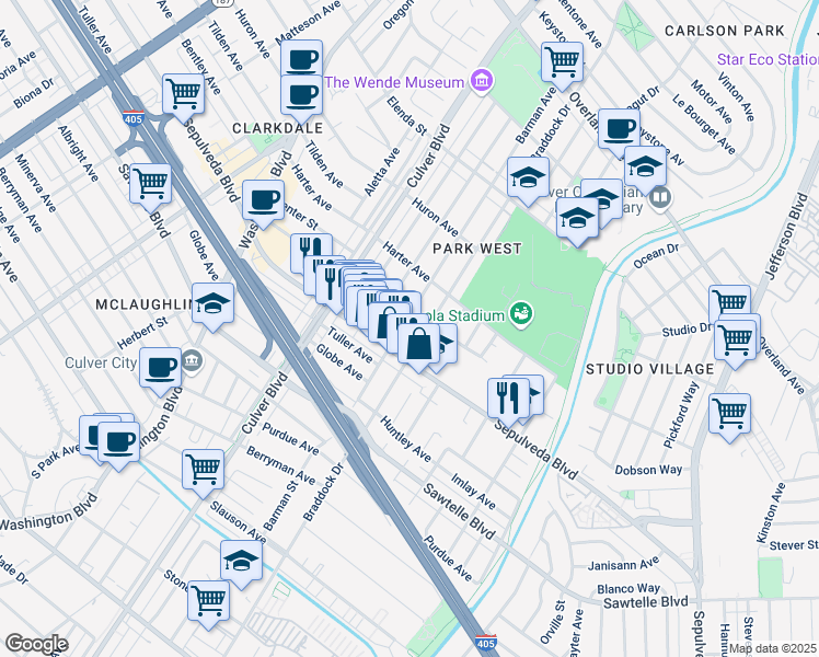 map of restaurants, bars, coffee shops, grocery stores, and more near 11162 Barman Avenue in Culver City