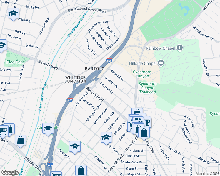 map of restaurants, bars, coffee shops, grocery stores, and more near 10305 Deveron Drive in Whittier