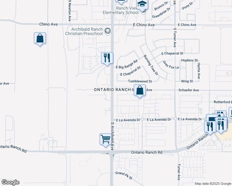 map of restaurants, bars, coffee shops, grocery stores, and more near 3834 South Dryden Avenue in Ontario