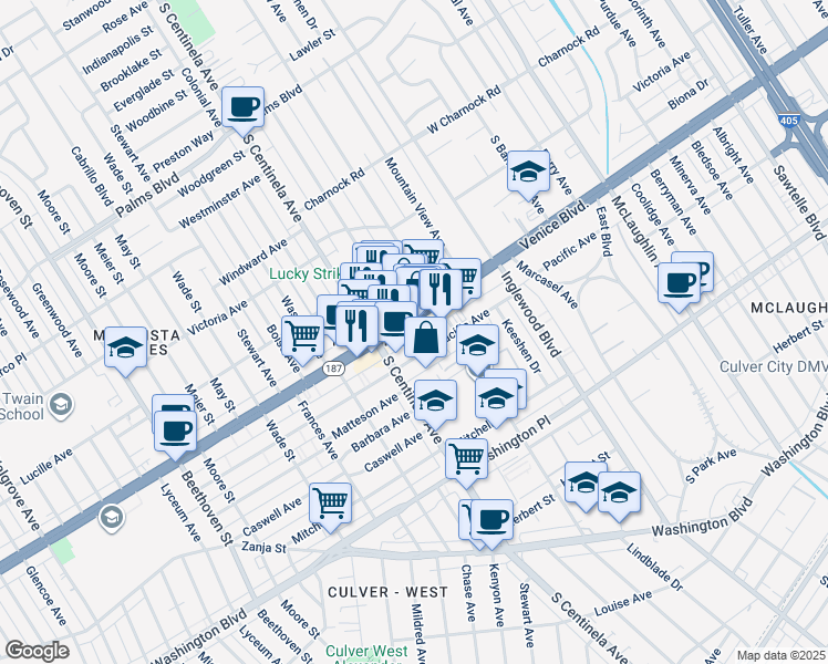 map of restaurants, bars, coffee shops, grocery stores, and more near 12317 Pacific Avenue in Los Angeles