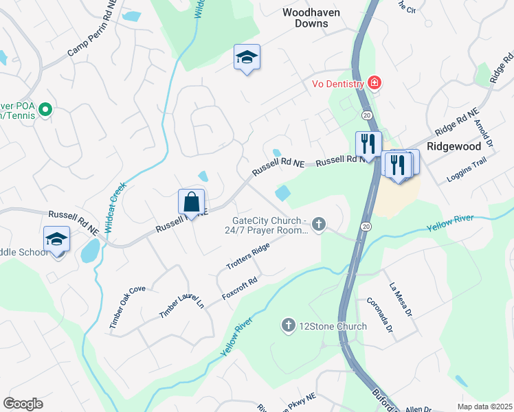 map of restaurants, bars, coffee shops, grocery stores, and more near 449 Tara Oaks Trail in Lawrenceville