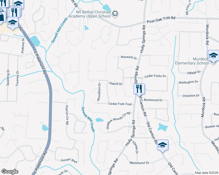 map of restaurants, bars, coffee shops, grocery stores, and more near 2238 Rock Ridge Road in Marietta