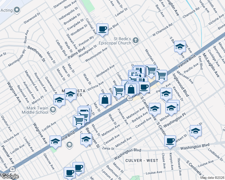 map of restaurants, bars, coffee shops, grocery stores, and more near 3750 Boise Avenue in Los Angeles