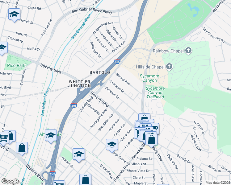 map of restaurants, bars, coffee shops, grocery stores, and more near 10305 Deveron Drive in Whittier