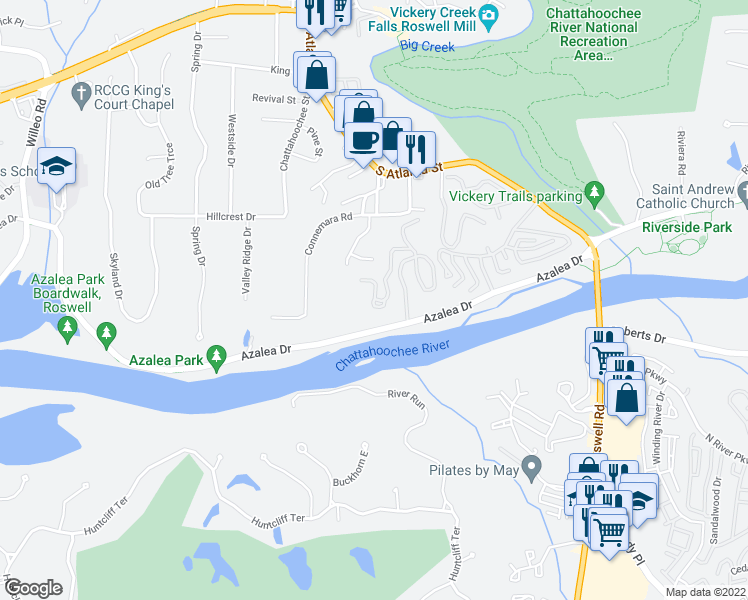map of restaurants, bars, coffee shops, grocery stores, and more near 169 Riverview Trail in Roswell
