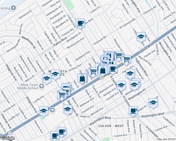 map of restaurants, bars, coffee shops, grocery stores, and more near 3750 Boise Avenue in Los Angeles