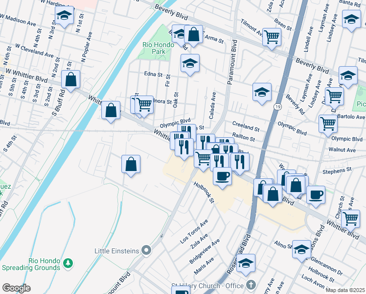 map of restaurants, bars, coffee shops, grocery stores, and more near 8520 Whittier Blvd in Pico Rivera