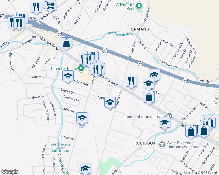 map of restaurants, bars, coffee shops, grocery stores, and more near 6154 Mission Boulevard in Riverside