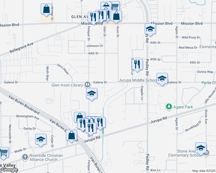 map of restaurants, bars, coffee shops, grocery stores, and more near 4648 Glen Street in Riverside