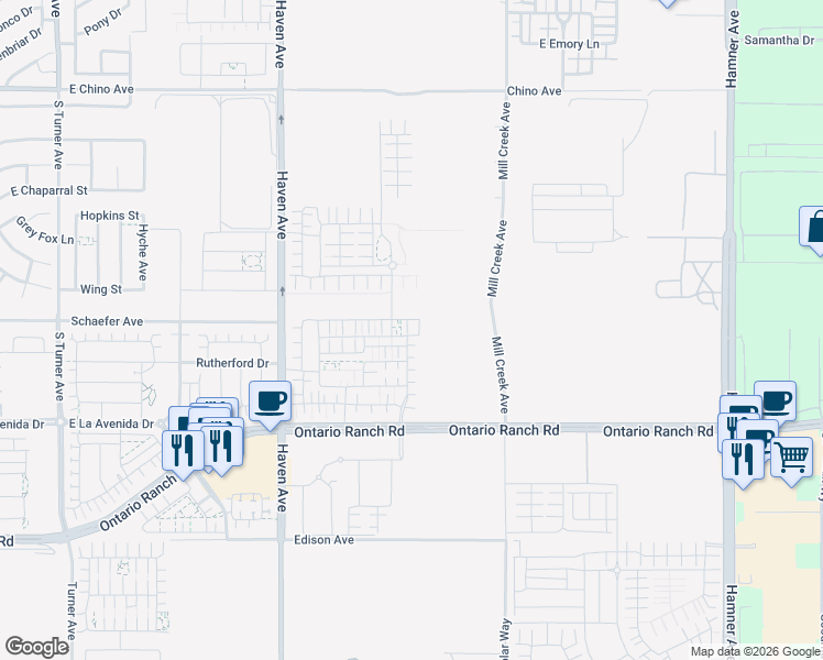 map of restaurants, bars, coffee shops, grocery stores, and more near 3879 South Sunrise Avenue in Ontario