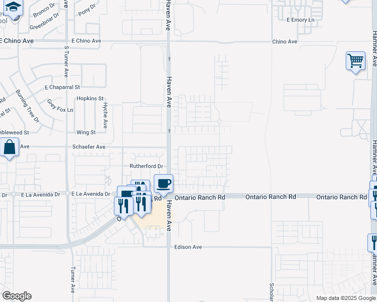 map of restaurants, bars, coffee shops, grocery stores, and more near 3885 South Oasis Paseo in Ontario