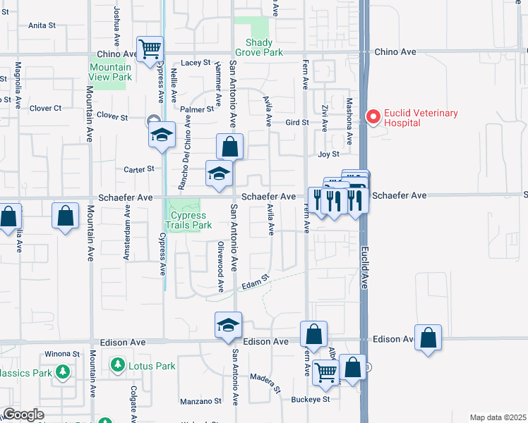 map of restaurants, bars, coffee shops, grocery stores, and more near 6756 Bartlett Street in Chino