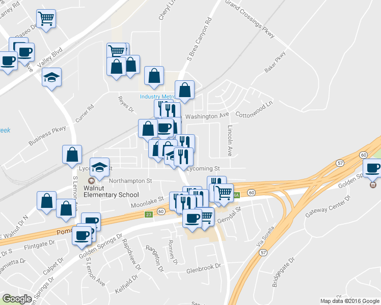 map of restaurants, bars, coffee shops, grocery stores, and more near 780 South Brea Canyon Road in Walnut