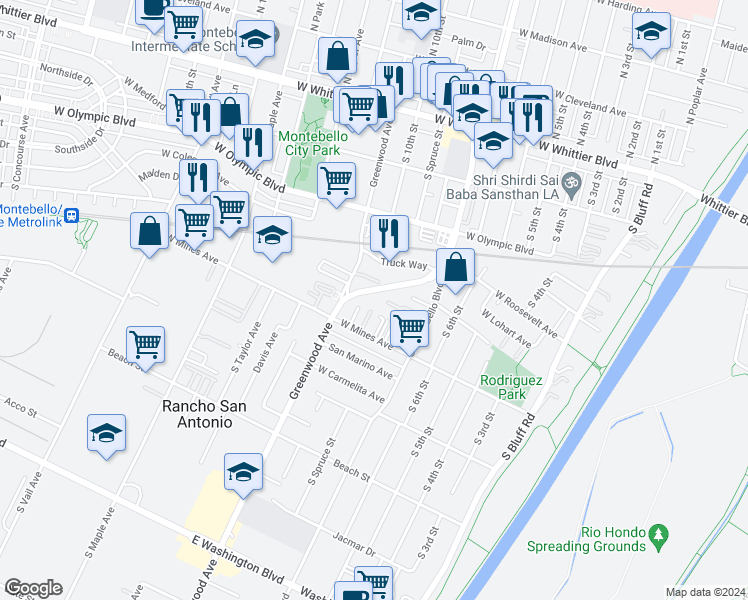 map of restaurants, bars, coffee shops, grocery stores, and more near 904 West mines Avenue in Montebello