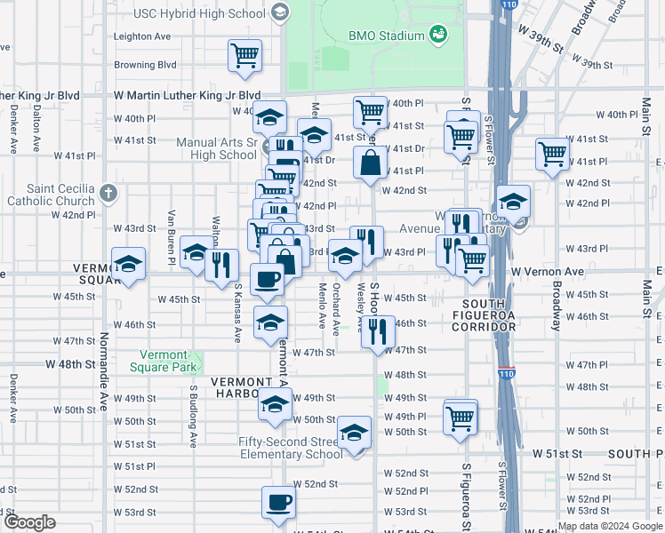 map of restaurants, bars, coffee shops, grocery stores, and more near 868 West Vernon Avenue in Los Angeles