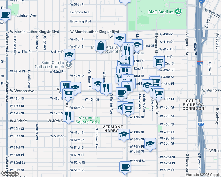 map of restaurants, bars, coffee shops, grocery stores, and more near 1116 West Vernon Avenue in Los Angeles