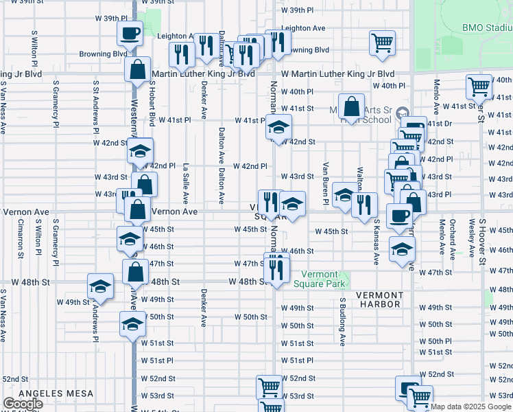 map of restaurants, bars, coffee shops, grocery stores, and more near 1452 West Vernon Avenue in Los Angeles