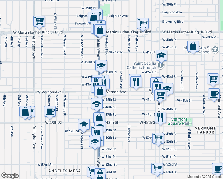 map of restaurants, bars, coffee shops, grocery stores, and more near 1584w West Vernon Avenue in Los Angeles