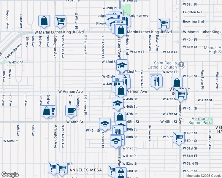 map of restaurants, bars, coffee shops, grocery stores, and more near 4441 South Western Avenue in Los Angeles