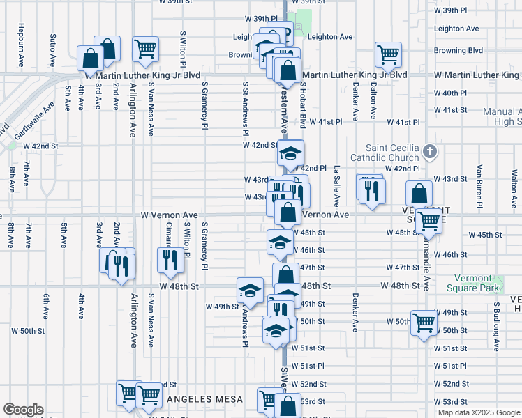 map of restaurants, bars, coffee shops, grocery stores, and more near 1756 West Vernon Avenue in Los Angeles