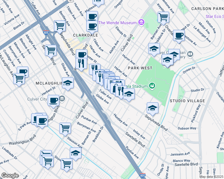 map of restaurants, bars, coffee shops, grocery stores, and more near 4347 Sepulveda Boulevard in Culver City