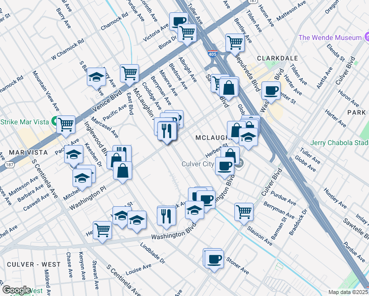 map of restaurants, bars, coffee shops, grocery stores, and more near 4038 McLaughlin Avenue in Los Angeles