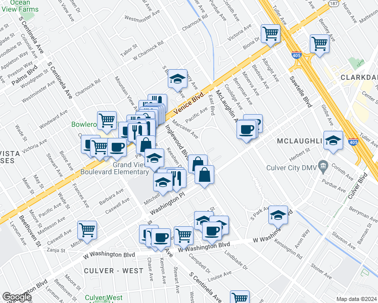map of restaurants, bars, coffee shops, grocery stores, and more near 3944 Inglewood Boulevard in Los Angeles