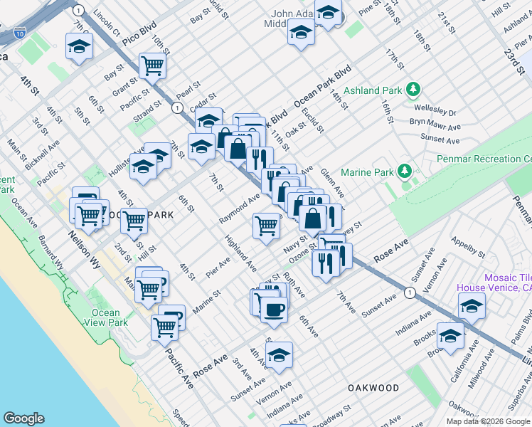 map of restaurants, bars, coffee shops, grocery stores, and more near 706 Ashland Avenue in Santa Monica